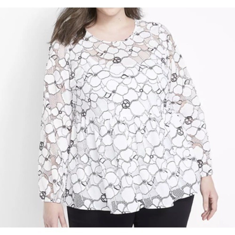 Lane Bryant Lace Tunic Top Womens 16 White Floral Sheer Baby Doll Long Sleeve